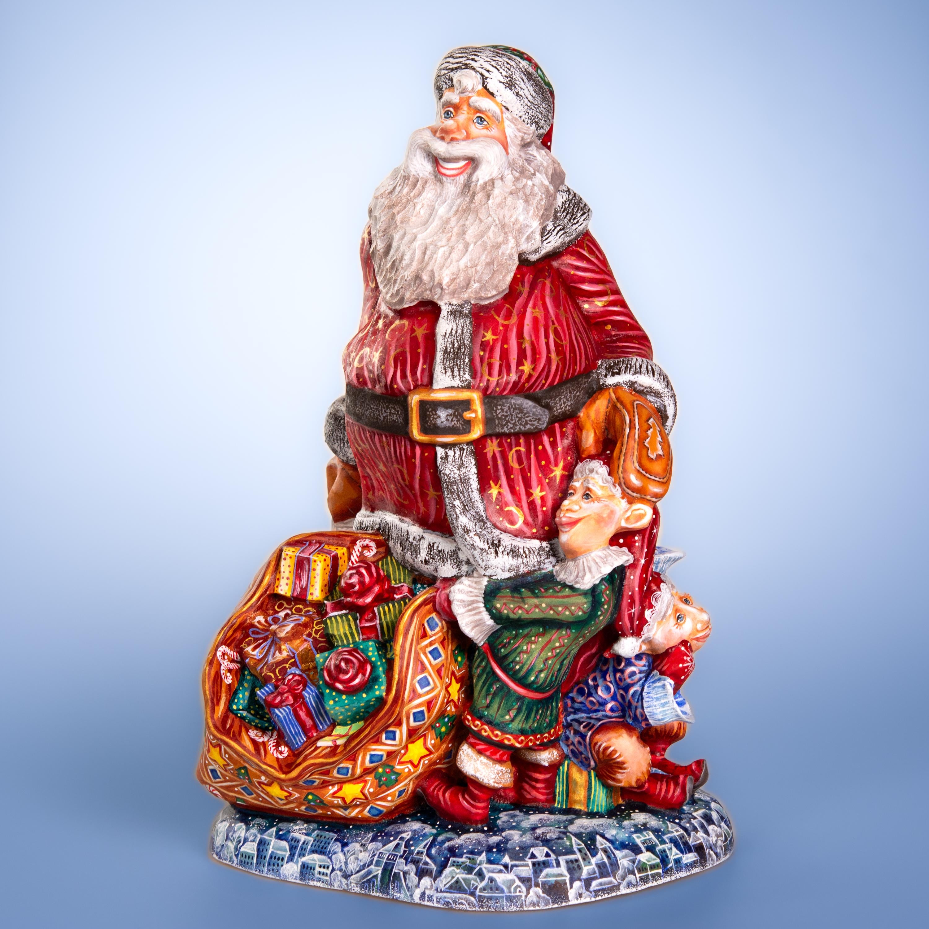 Hand carved wooden Santa figurine 14 inch, elves, mantel decor
