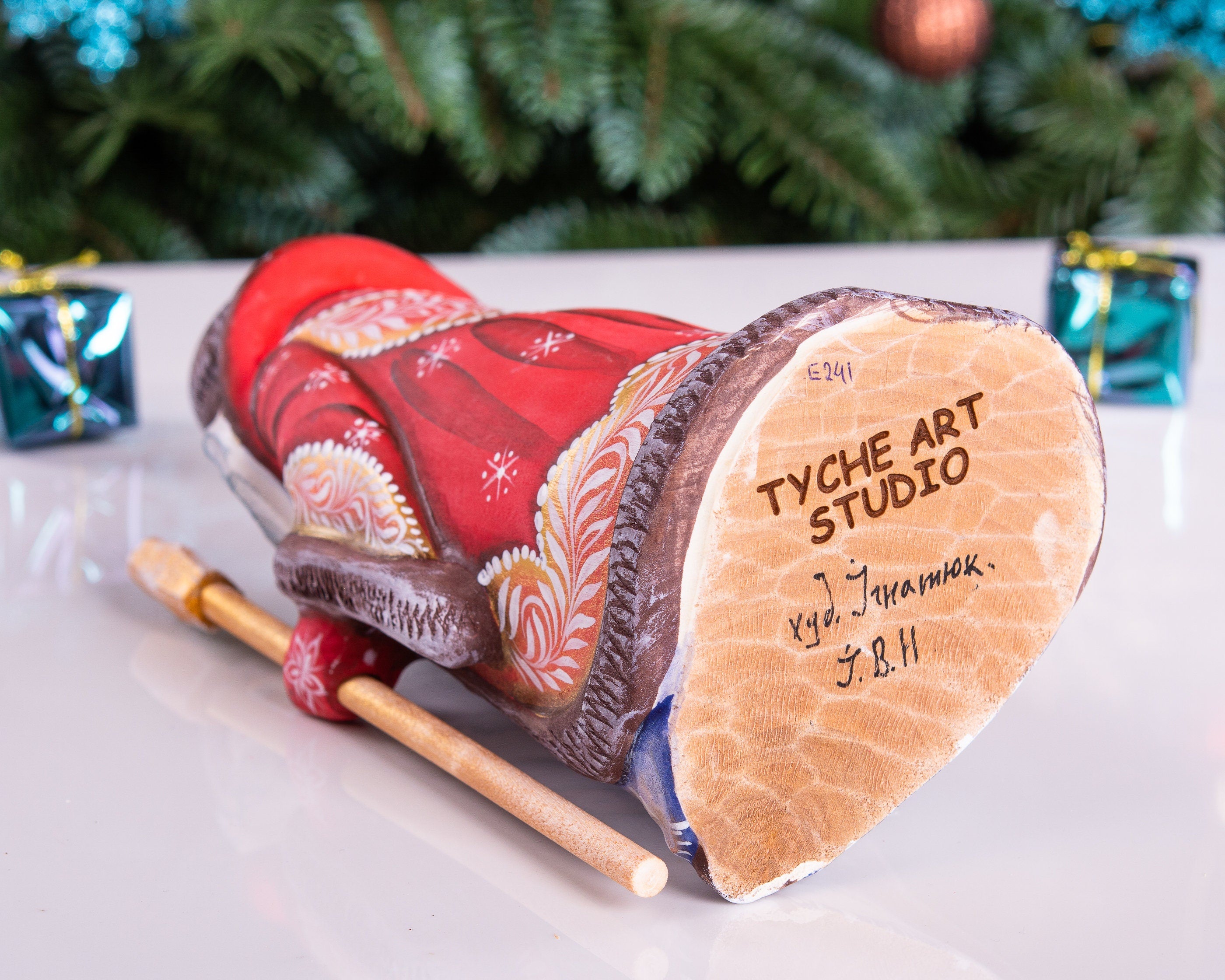 Hand carved Santa wooden figurine 9 inch with staff