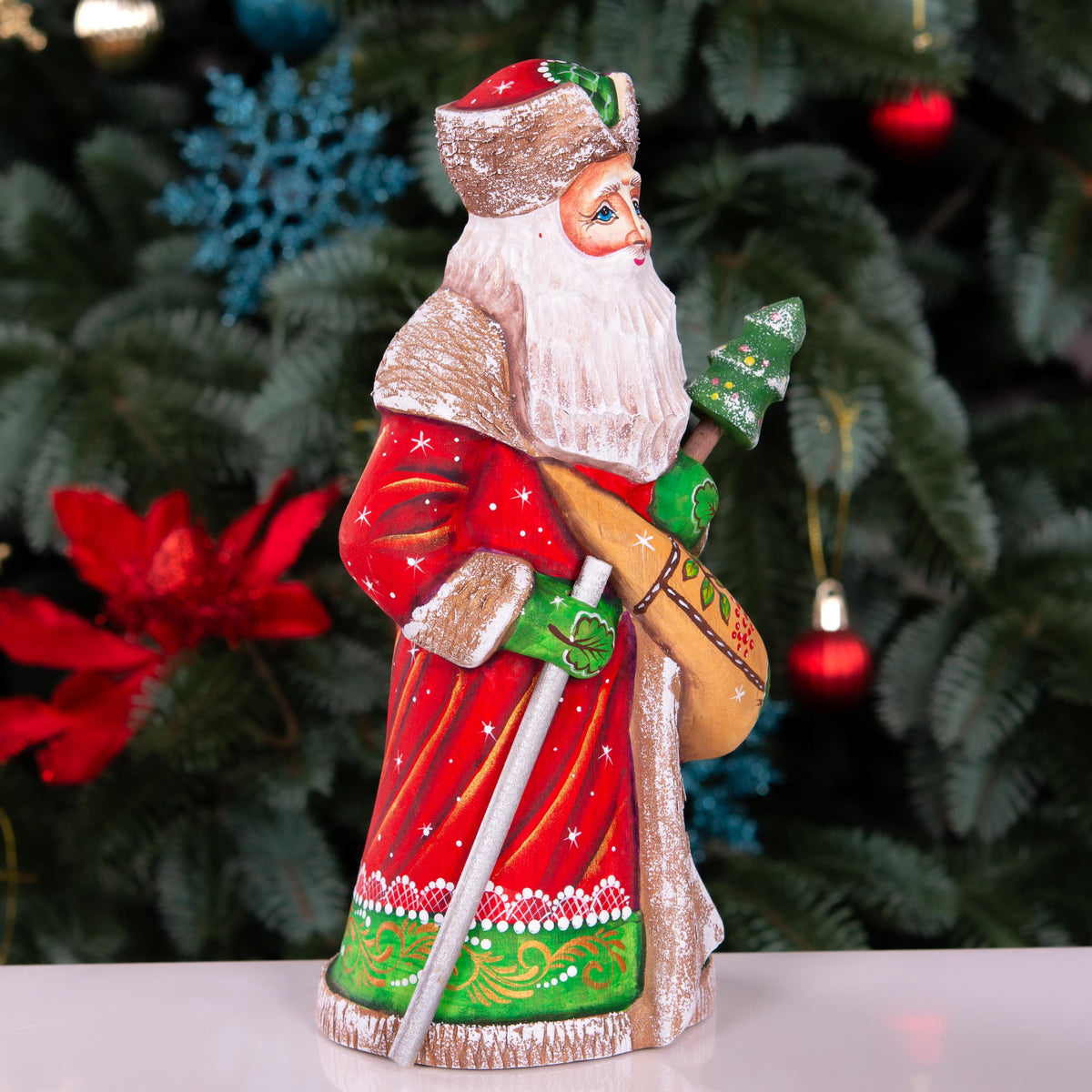 Hand-Carved Wooden Saint Nicholas Figurine 9", Small Tree, Christmas Shelf Decor