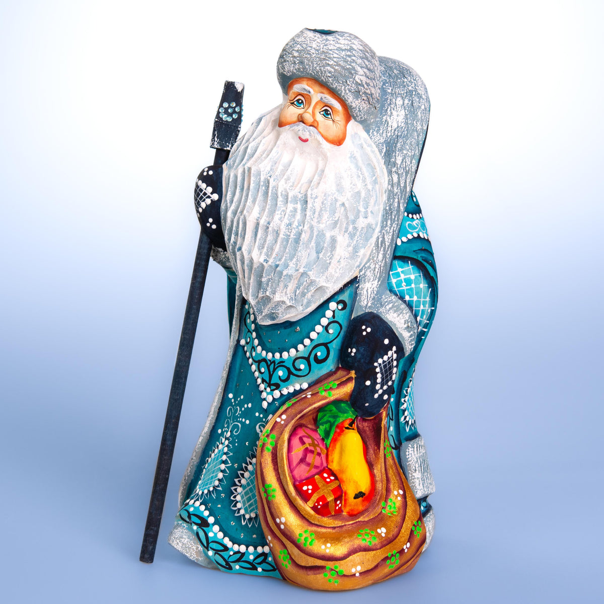 Hand carved teal Santa wooden figurine 9.1 inch, toy sack, mantel decor