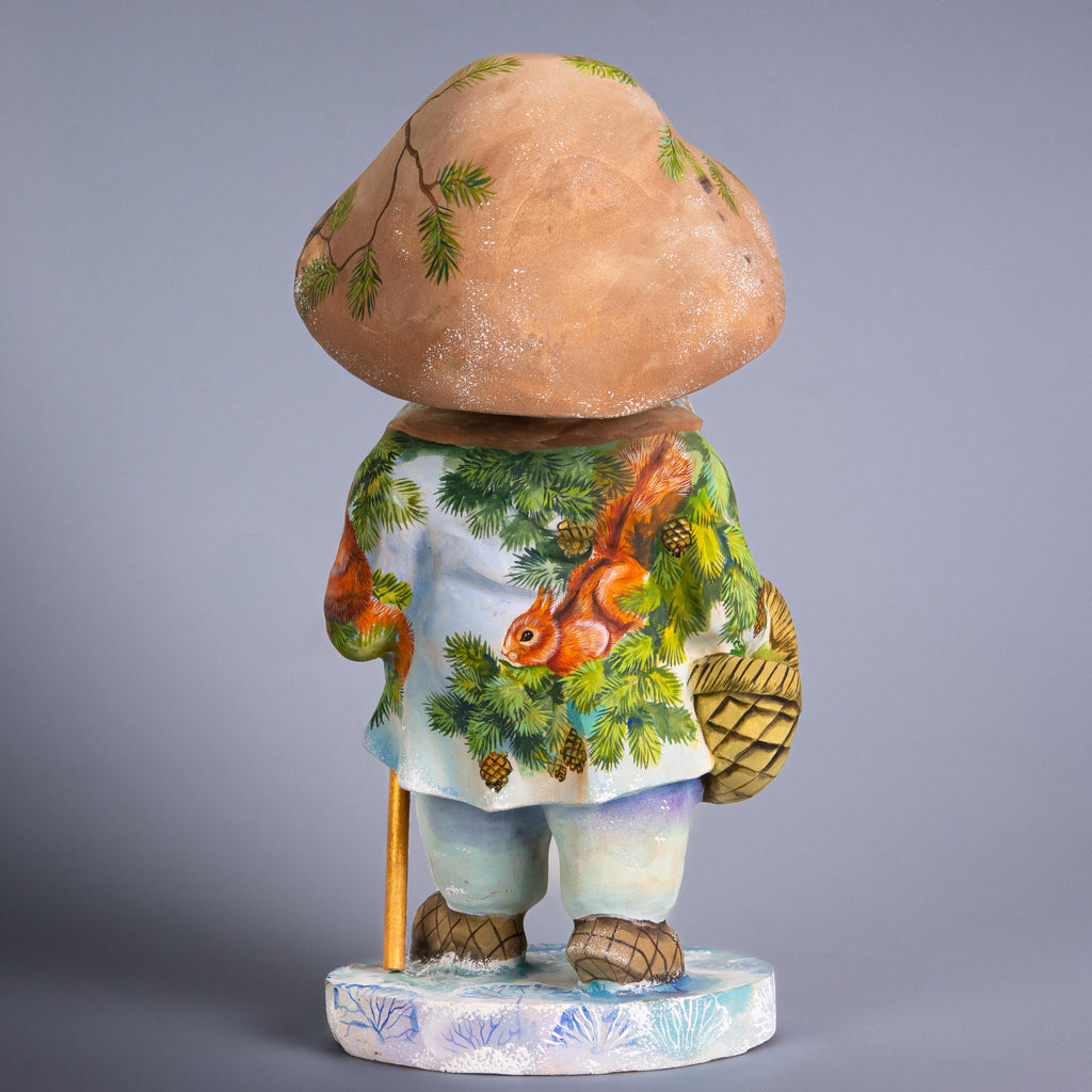 Hand Carved Wooden Mushroom Man Figurine 11 inch: Owl, Squirrel & Bullfinch