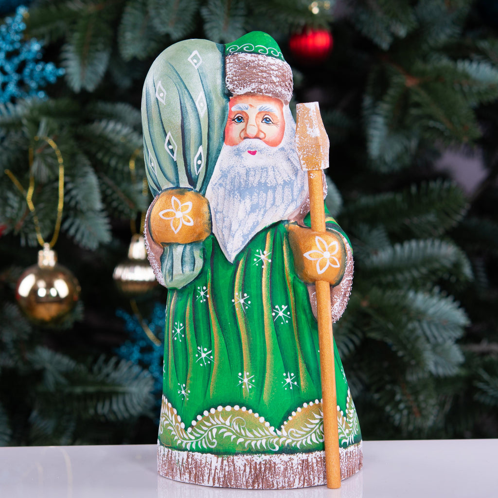 Hand carved Santa wooden figurine 8.3 inch, staff and sack
