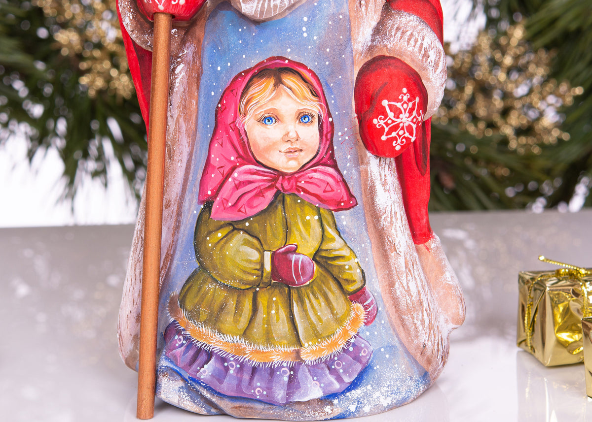 Old World Santa wood figurine 9.5 inch, winter girl scene, Christmas mantel centerpiece