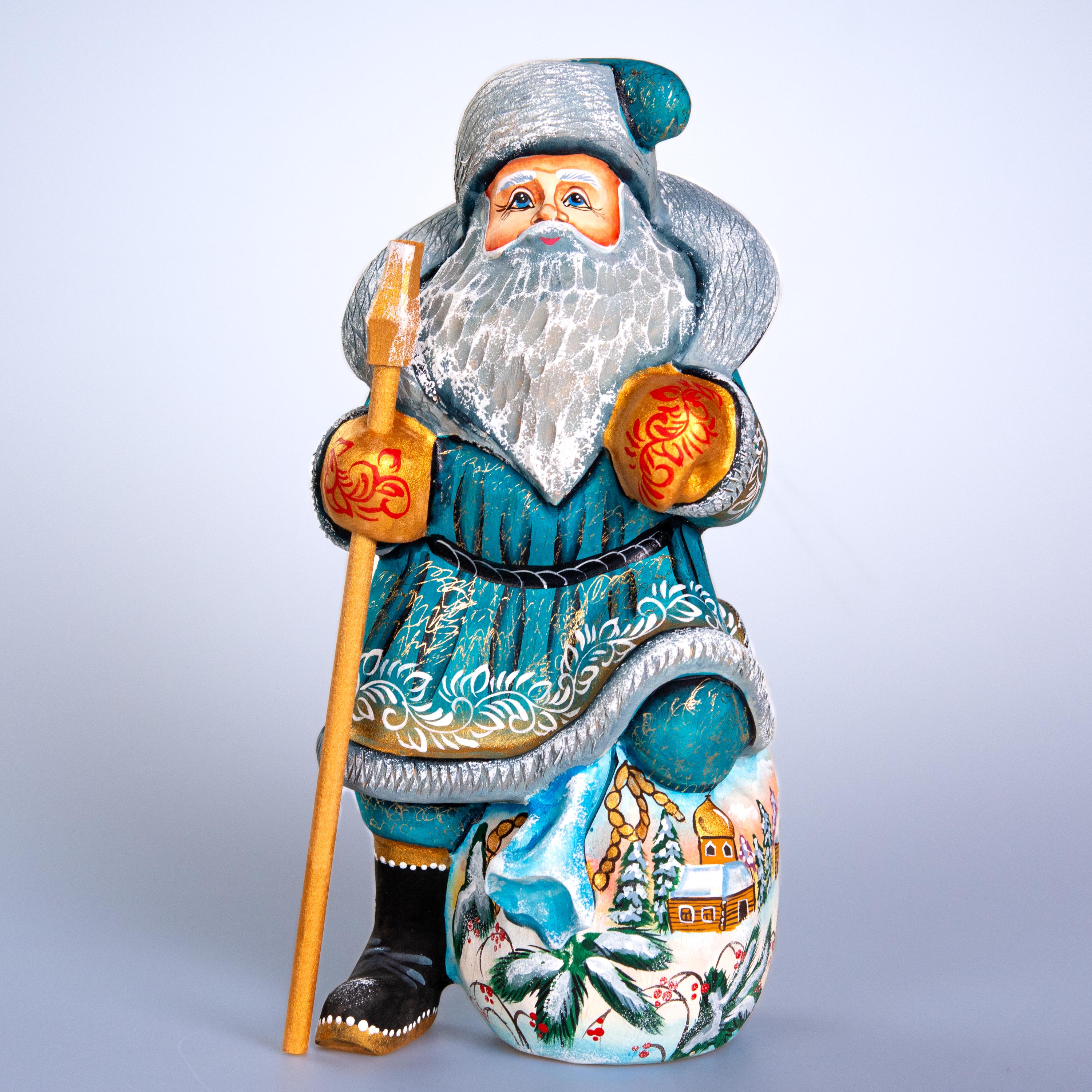 Father Christmas wooden figurine 9.7 inch, winter village scene, bird lovers decor