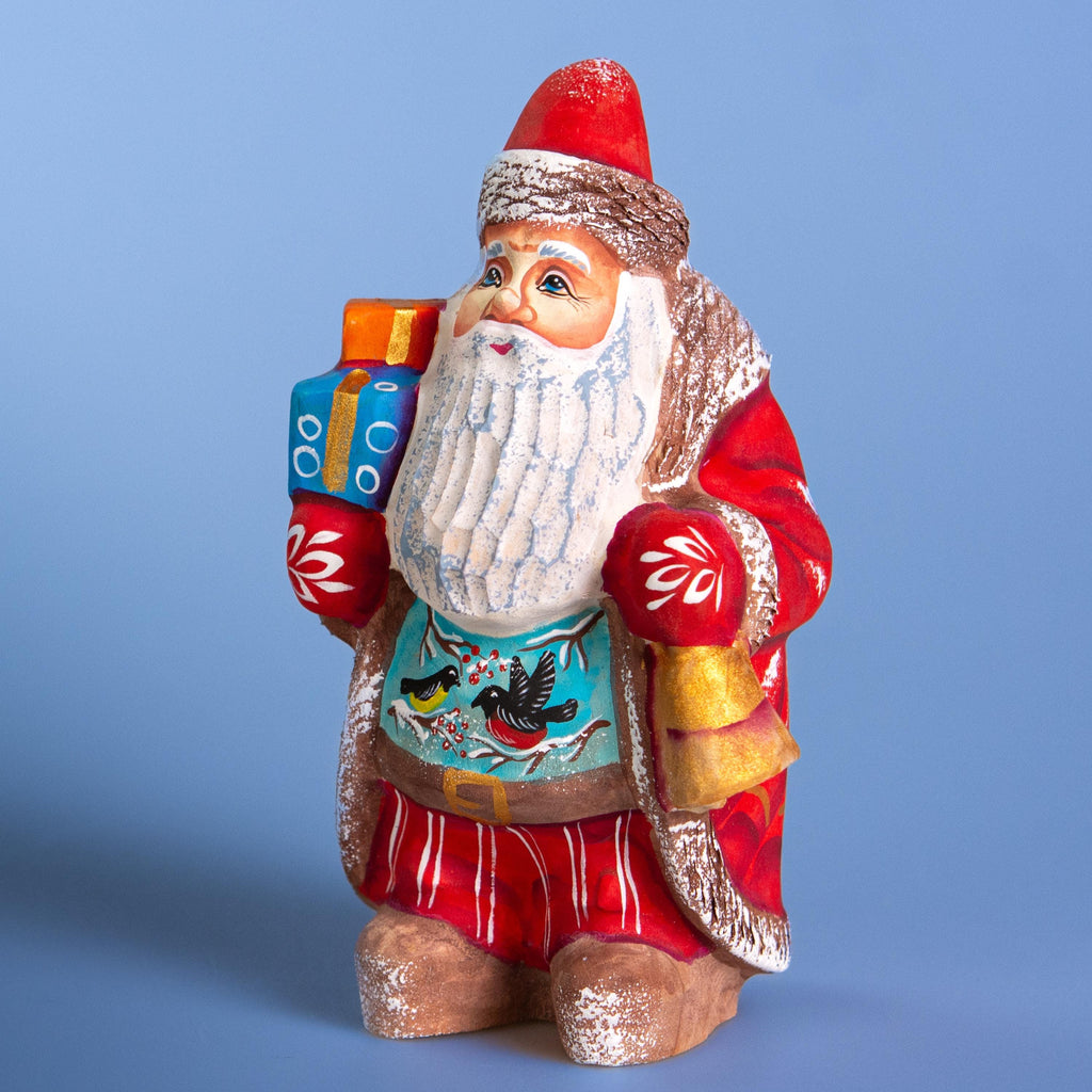 Carved wood Santa figurine with songbirds collector gift 5.5 inch