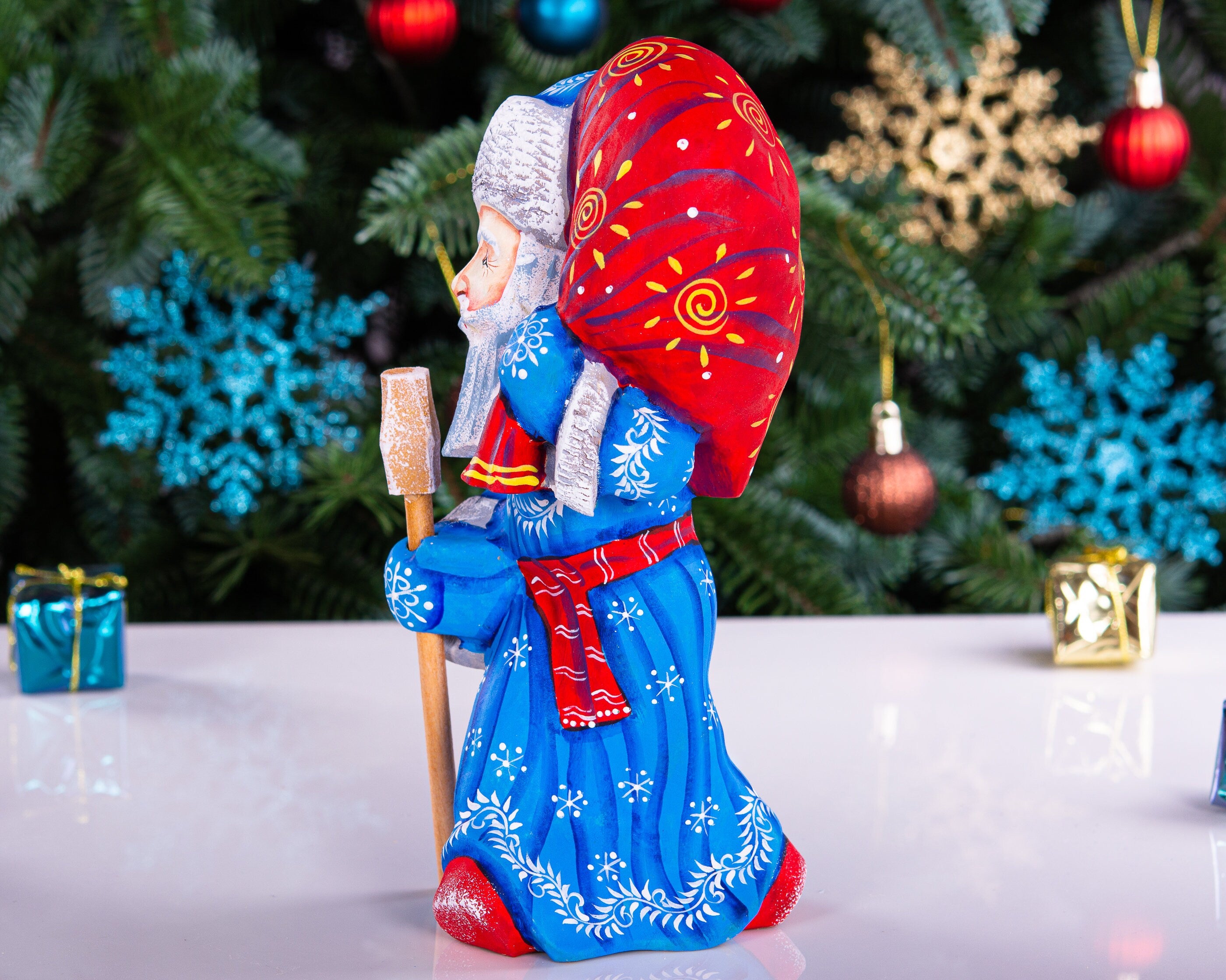 Hand carved blue Santa wooden figurine 7.9 inch, gift sack and staff, centerpiece