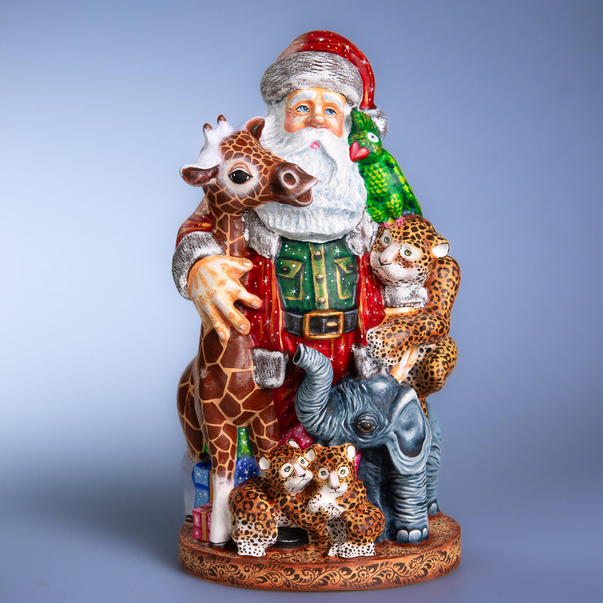 Collector Wooden Santa figure 14 inch, folk art safari animal scene