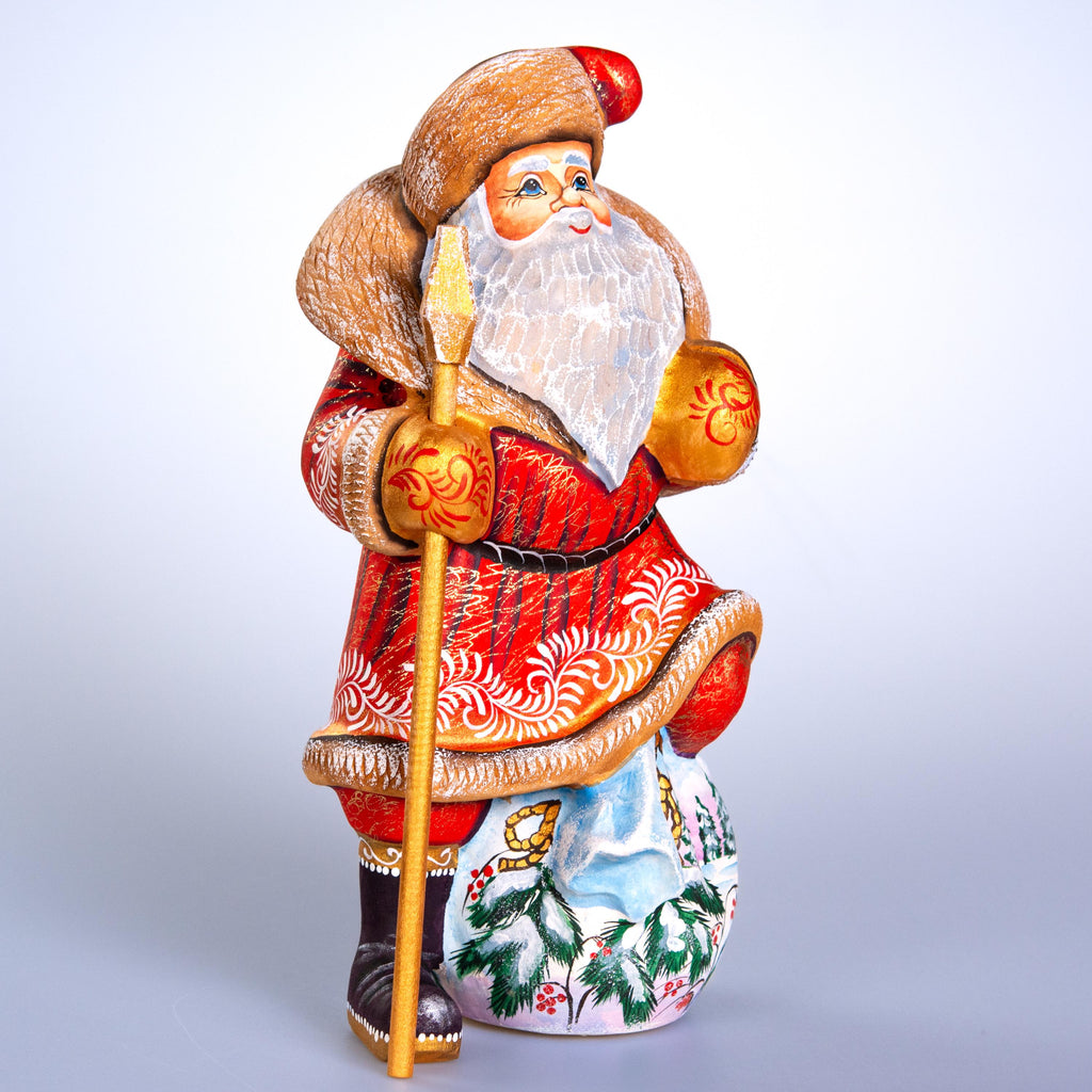 Hand carved Santa wooden figurine 9.7 inch, winter birds village scene