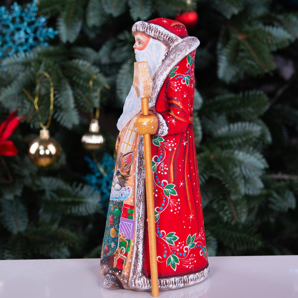 Hand carved Santa wooden figurine 9 inch, kitten in stocking scene