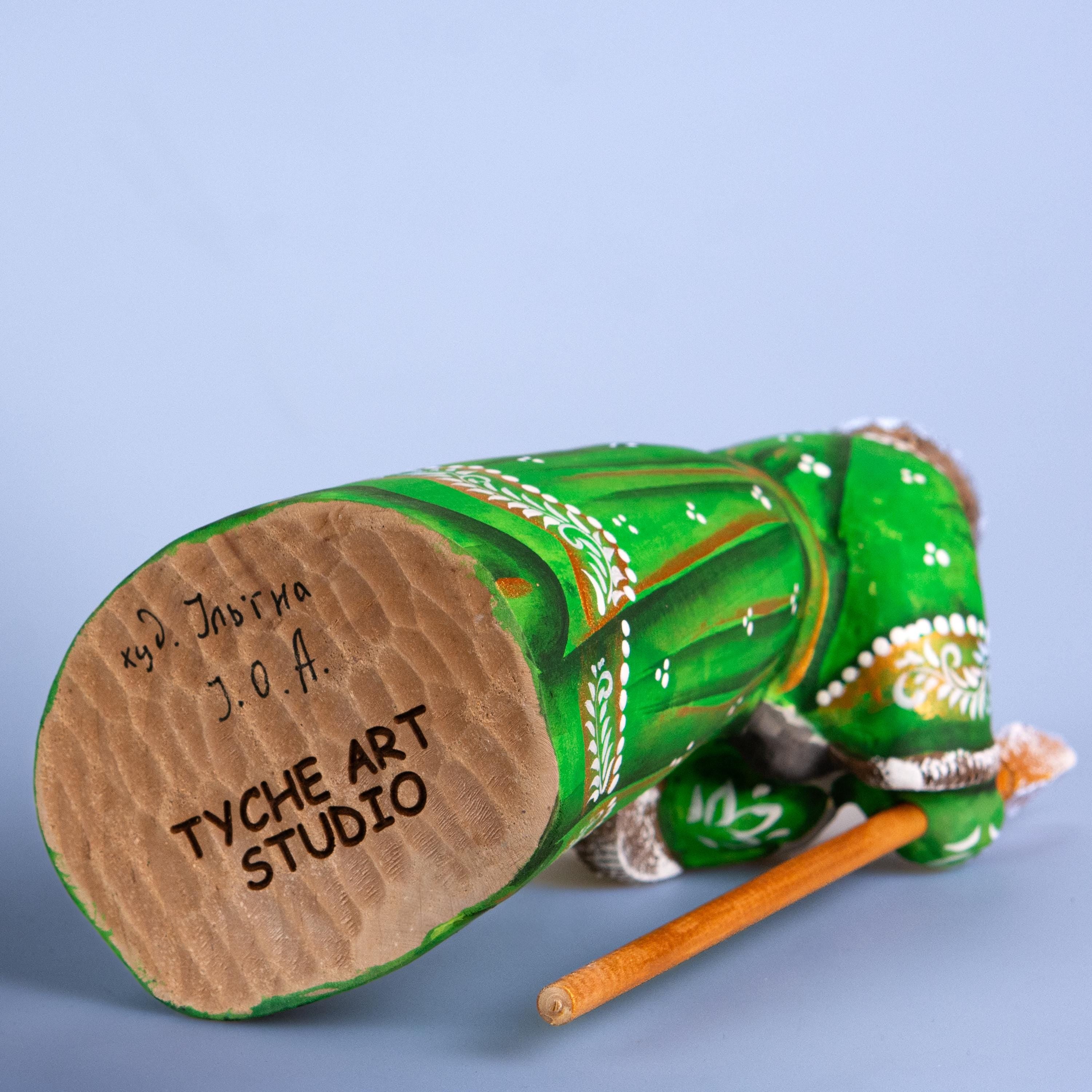Santa figurine with cat and staff, hand painted carved wood, 9.1 inch
