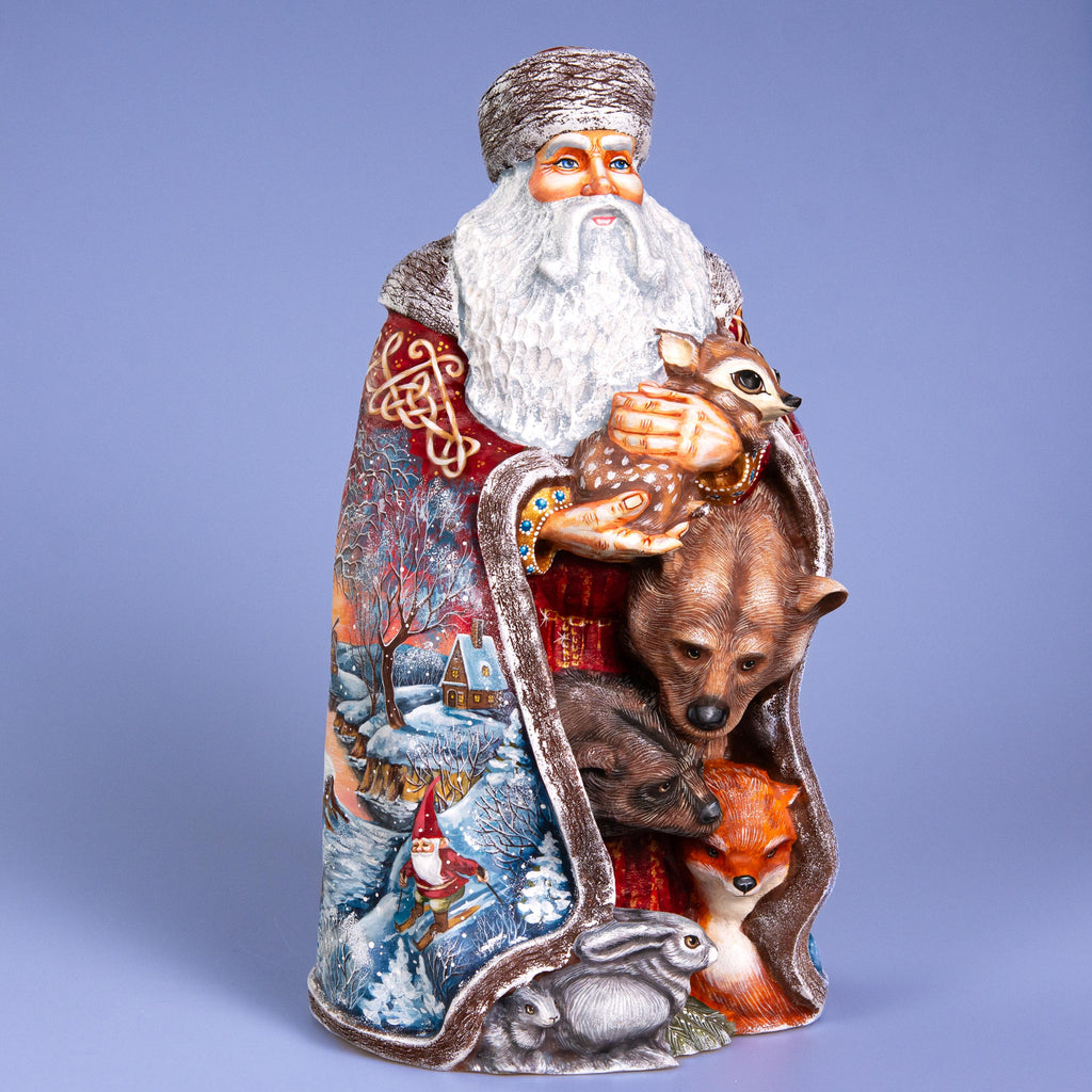 Santa with Woodland Animals 14 inch, Hand Carved Solid Wood Figurine, Artist Painted