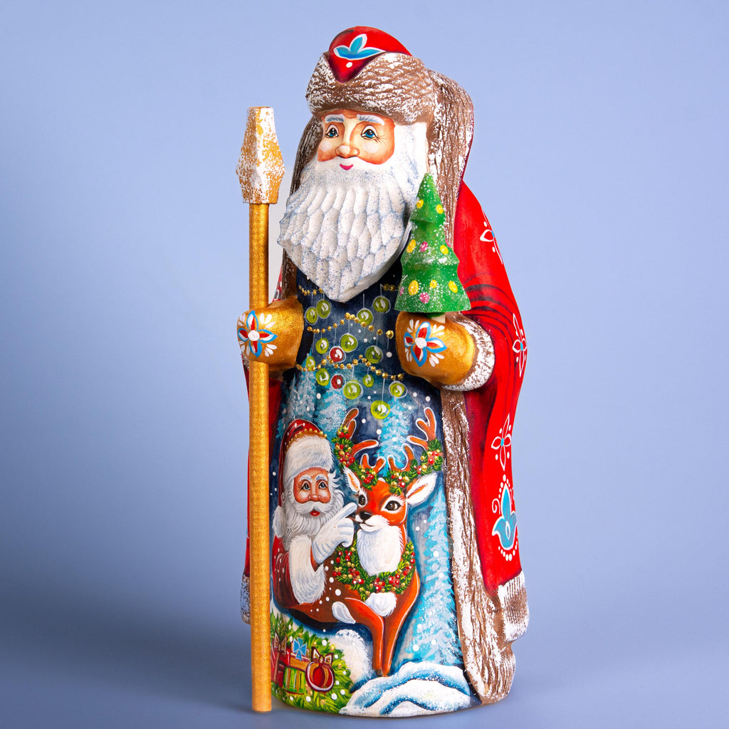 Hand Carved Wooden Santa Figurine 9 inch, Red Coat, Reindeer Scene