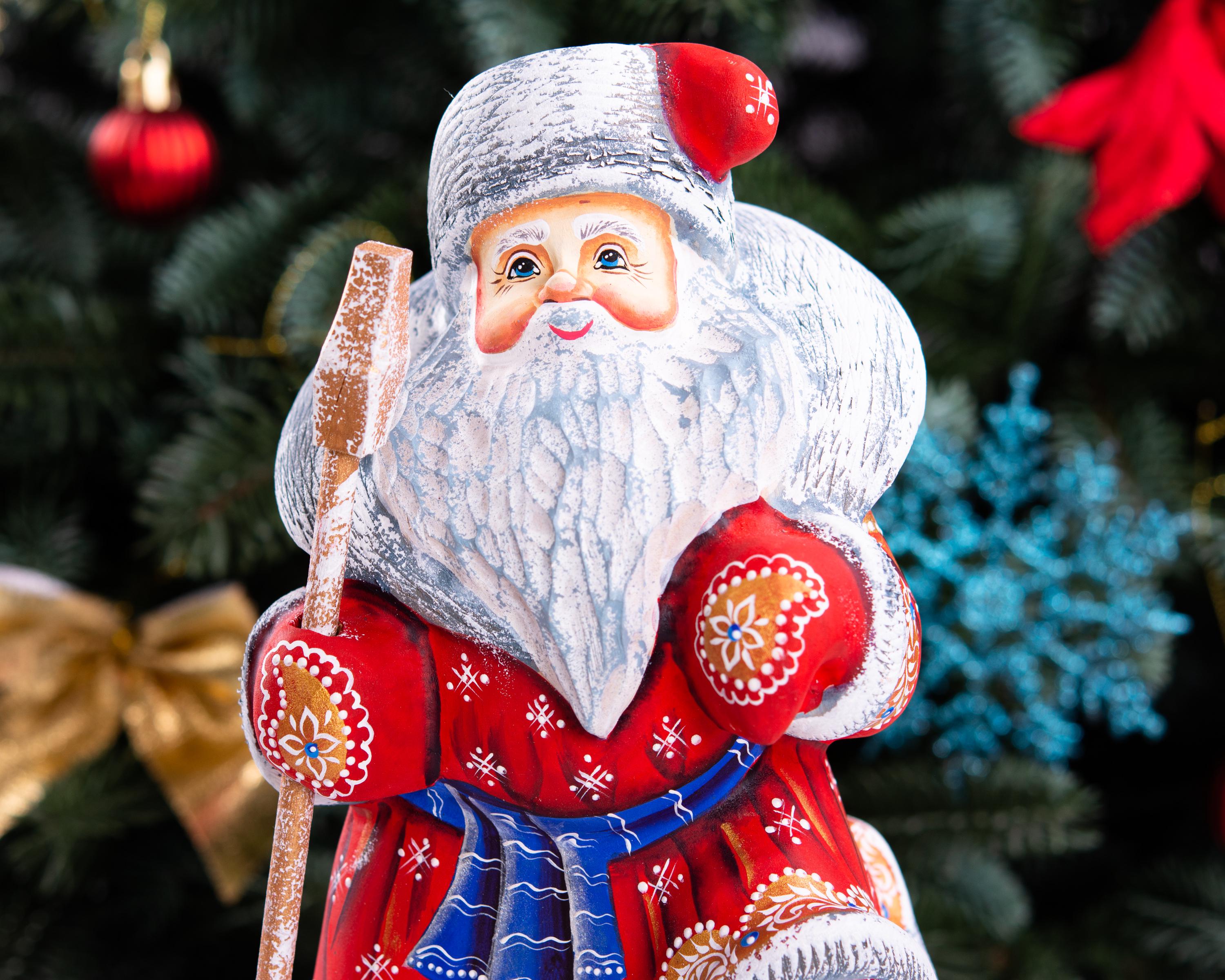 Hand carved Santa wooden figurine 9.5 inch, toy sack, mantel decor