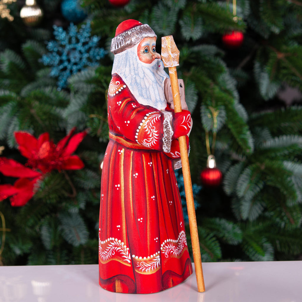 Hand Carved Wooden Santa Figurine with Puppy: Folk Art Christmas Decor