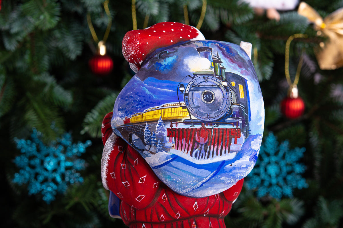 Hand carved Santa wooden figurine 11 inch, steam train scene