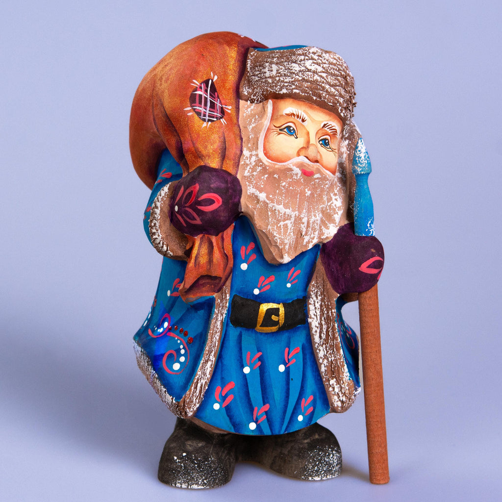 Father Frost Figurine Hand Carved Wood Blue Robe Staff and Sack 6″
