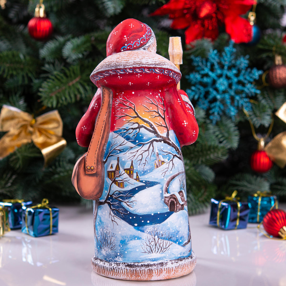 Red Santa Claus Figurine with Staff and Bag, Hand Painted Wood Christmas Decor with Snowy Landscape, Holiday Gift for Home or Collection
