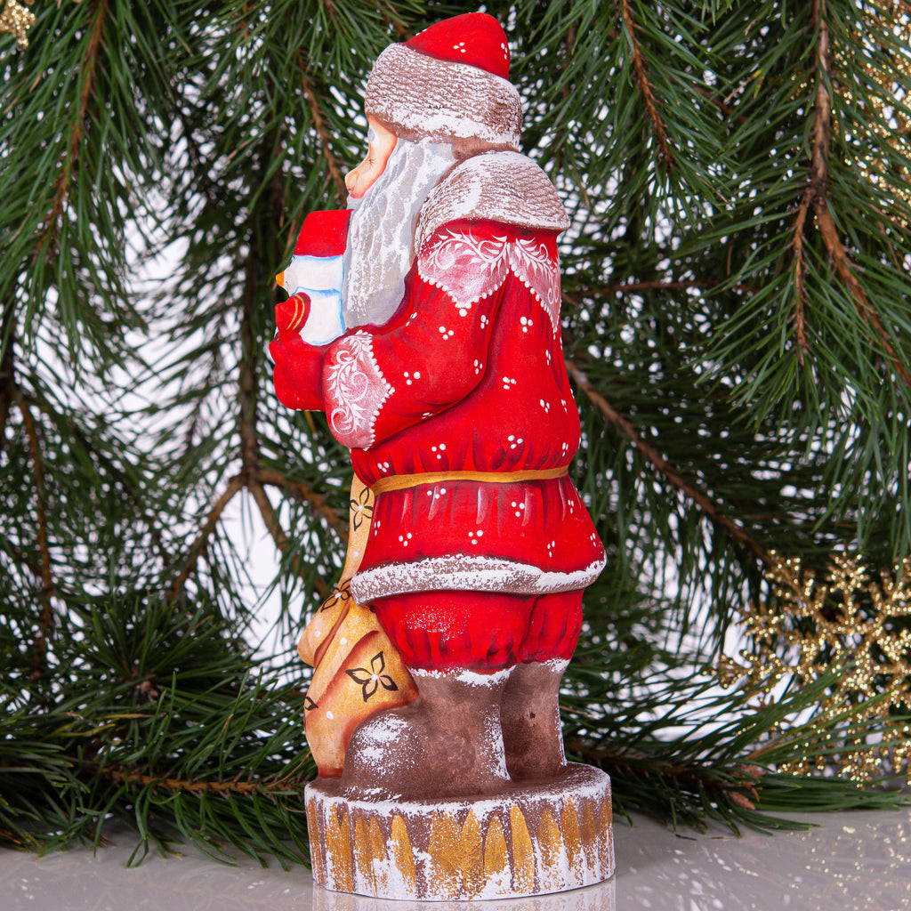 Hand carved Santa wood figurine 10 inch, snowman toy, gift sack, Christmas mantel decor
