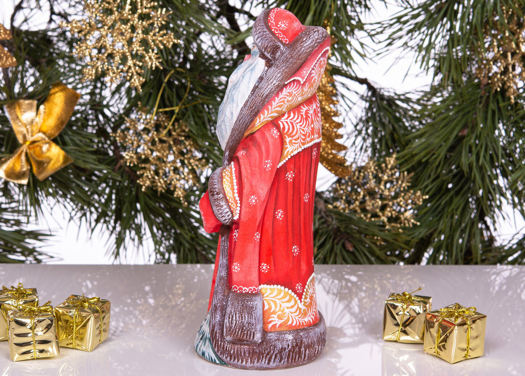 Old-World Santa wooden figurine 9.4 inch, winter child scene with bird, mantel display