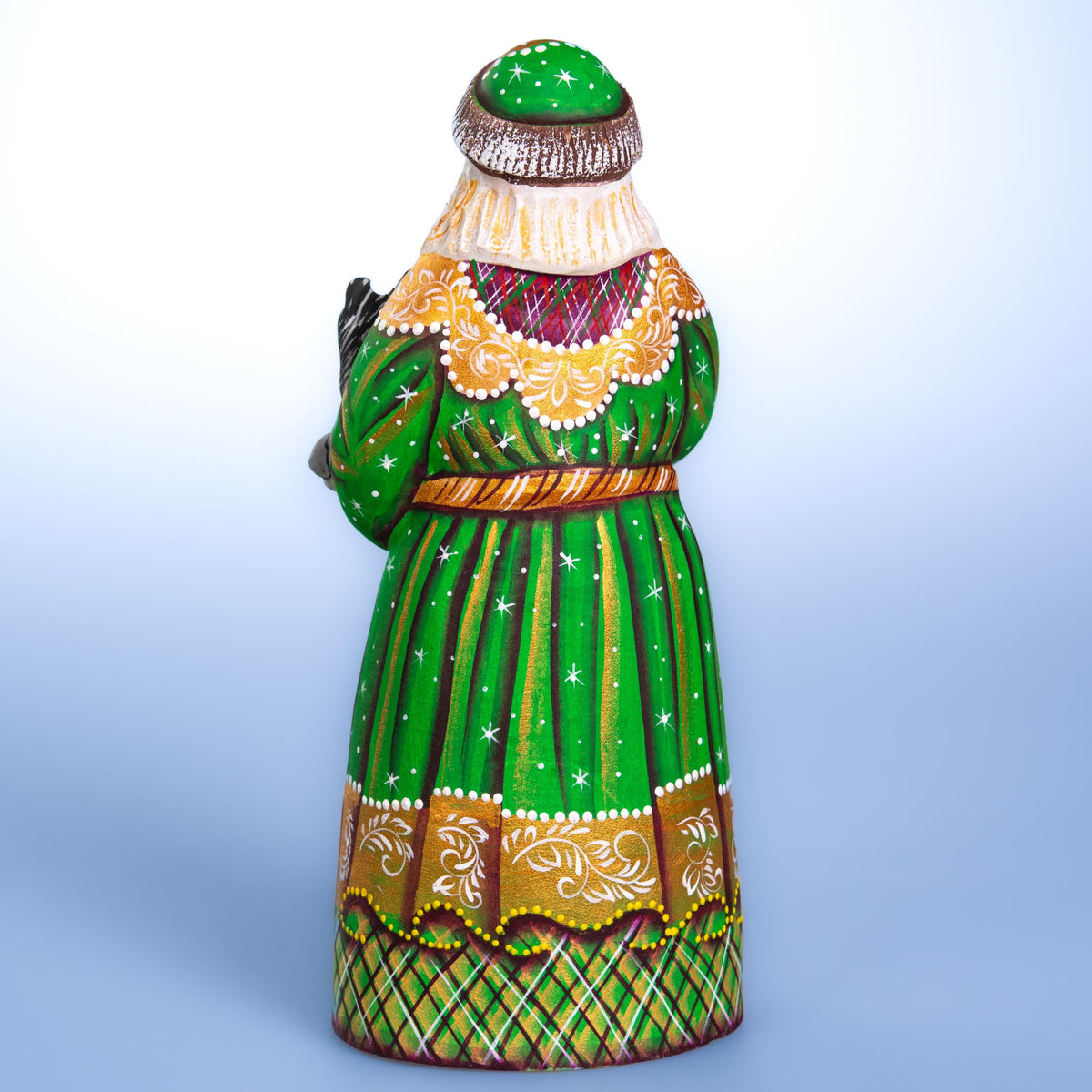 Kris Kringle wooden figurine 9 inch, green coat, cat lover gift