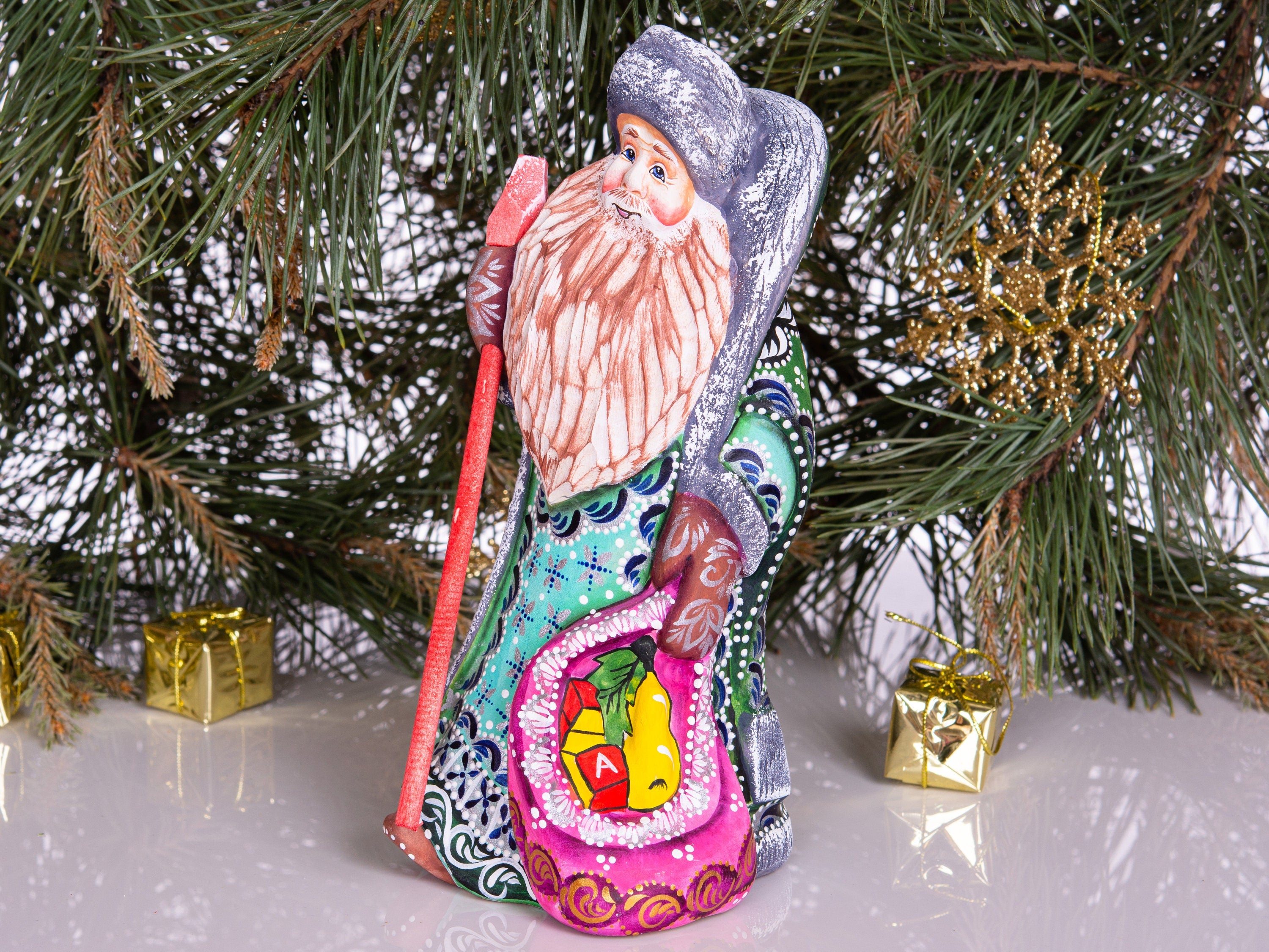 Hand Carved Wooden Santa Figurine: 9 Inch Rustic Christmas Decor