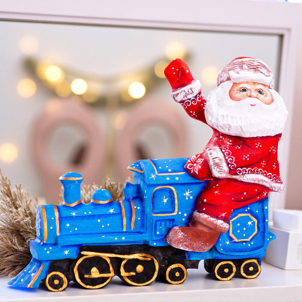 Hand Carved Wooden Santa Claus Figurine: Christmas Train Decor