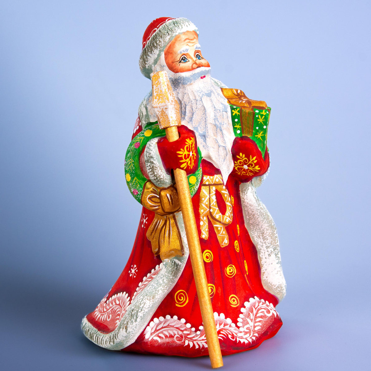 Father Christmas wooden figurine 7 inch, gift in hand, tabletop centerpiece, folk art
