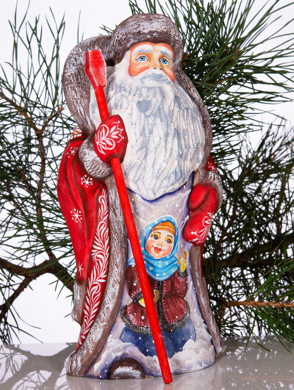 Hand carved Russian Santa figurine 9.5 inch, winter girl scene, Christmas mantel centerpiece