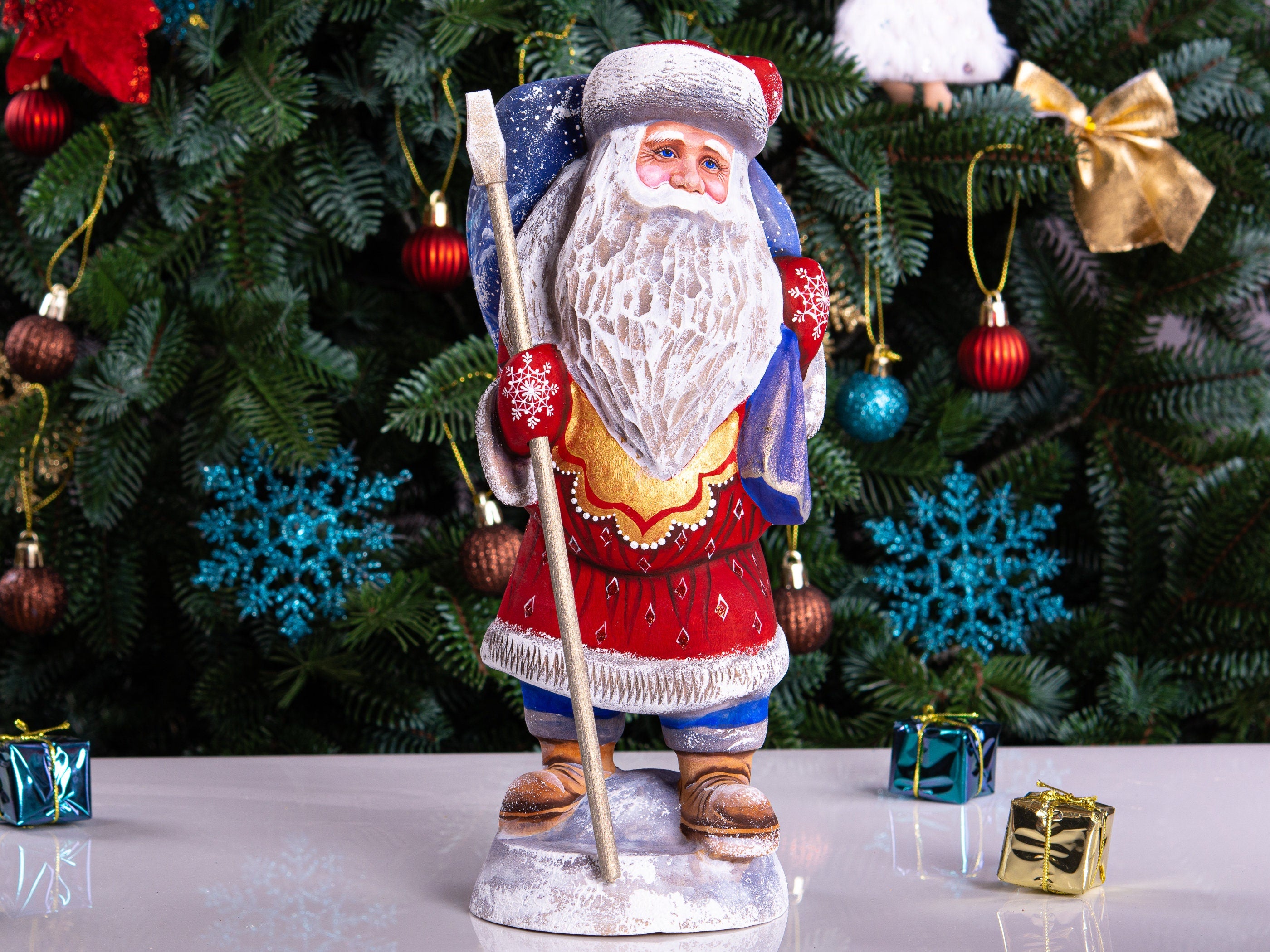 Hand carved Santa wooden figurine 11 inch, steam train scene