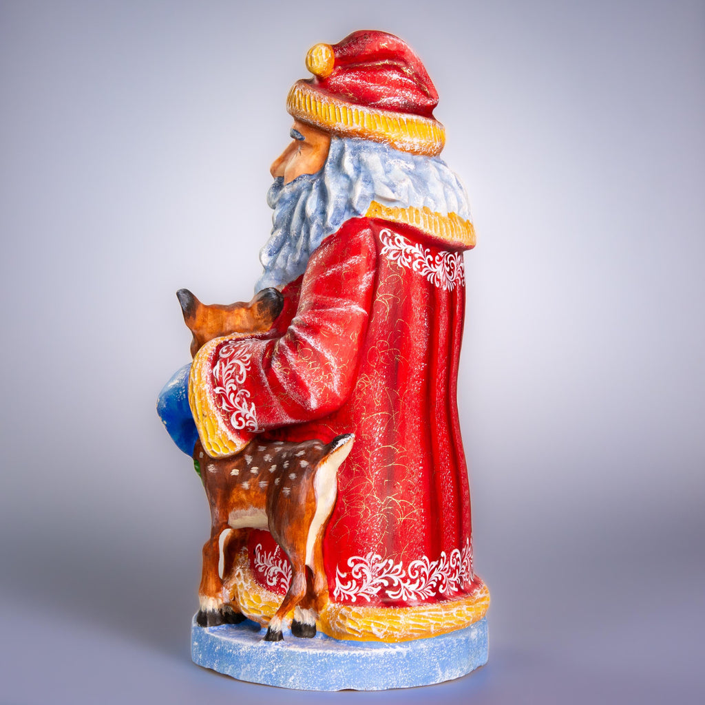 Hand carved Old-World Santa wooden figurine 14 inch, deer fawn apple scene, mantel decor