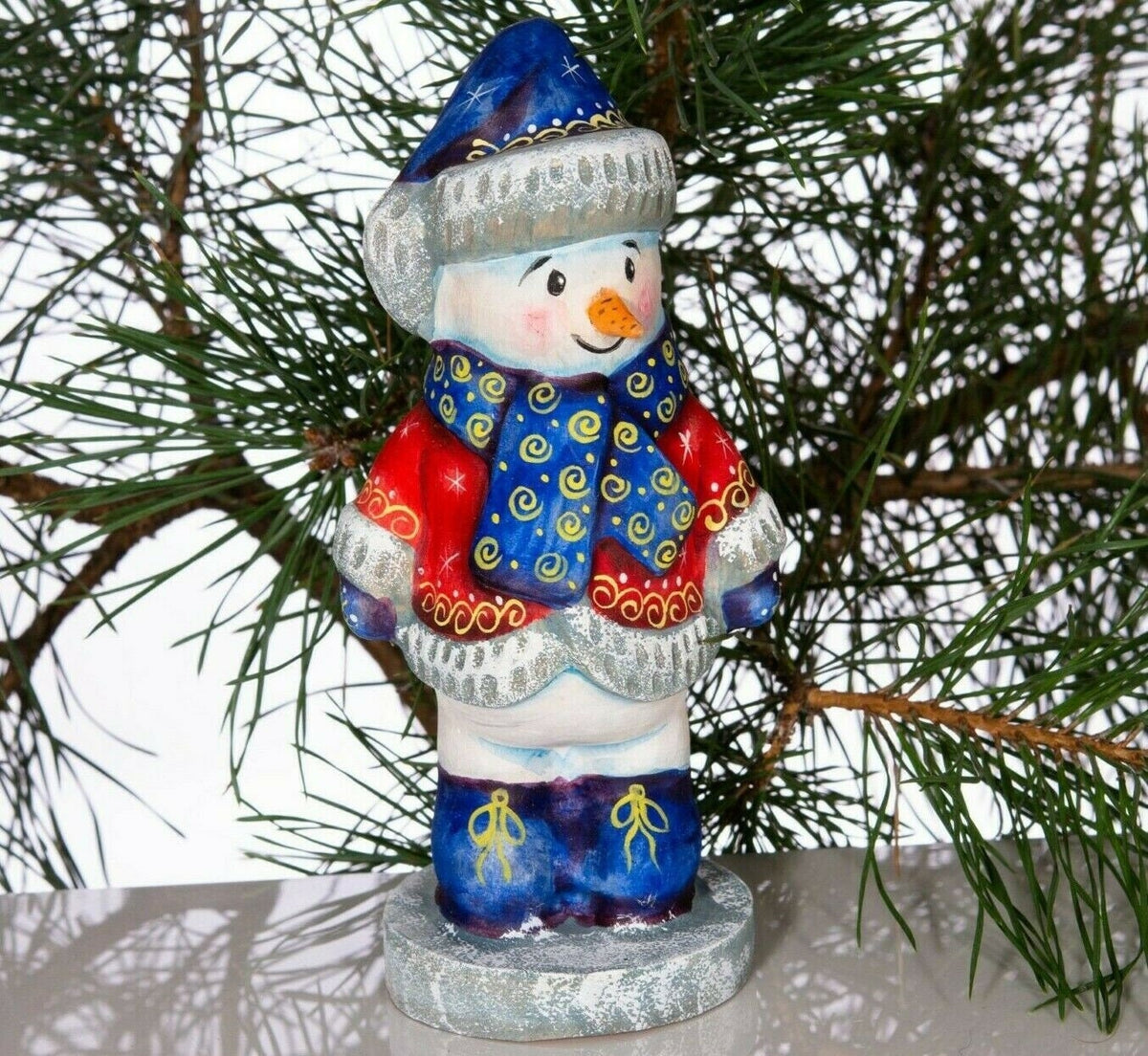 Hand carved wooden snowman figurine 6.3 inch, folk art winter accent, mantel decor