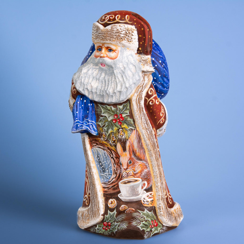 Hand Carved Santa Figure 9 inch: Snowy Cottage Scene, Signed Art