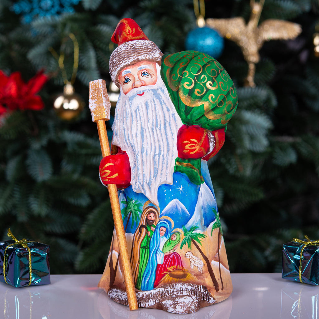 Nativity Santa wood statue 8 inch, Holy Family desert scene, religious shelf Christmas display