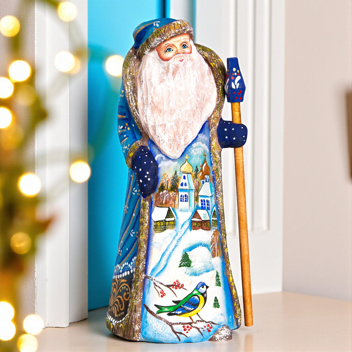 Hand Carved Wooden Santa Figurine 9 inch, Blue Coat, Winter Church