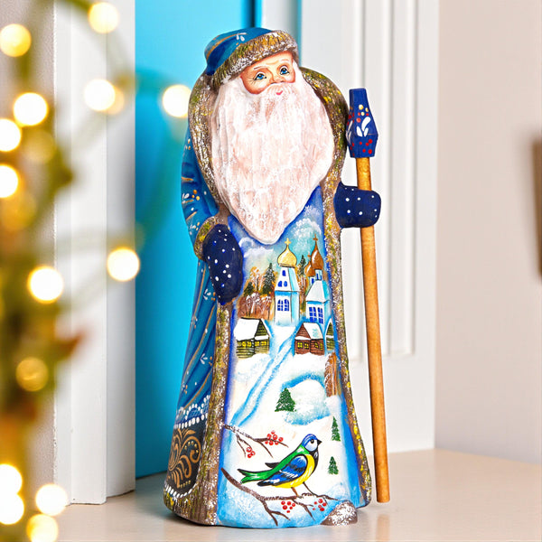 Hand Carved Wooden Santa Figurine 9 inch, Blue Coat, Winter Church