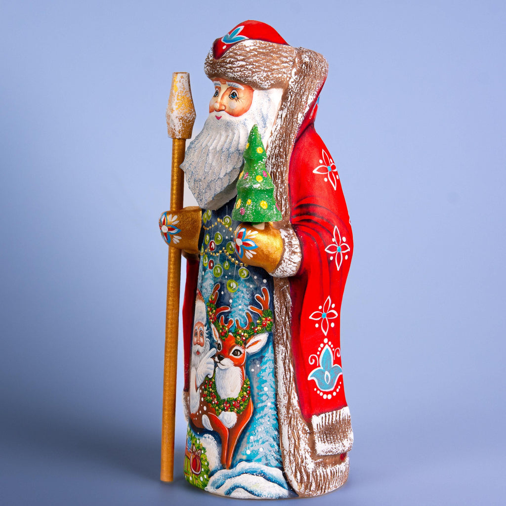 Hand Carved Wooden Santa Figurine 9 inch, Red Coat, Reindeer Scene