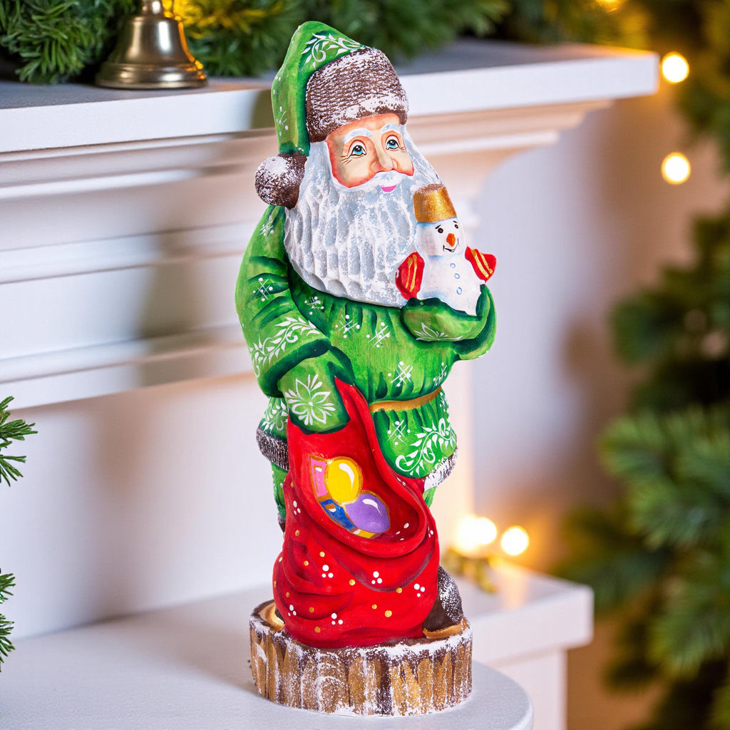Collectible Santa figurine with snowman, folk art mantel decor, 10.2 inch
