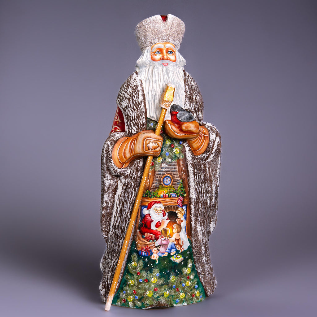 Hand carved wooden Santa statue 13 inch, fireplace scene collectible