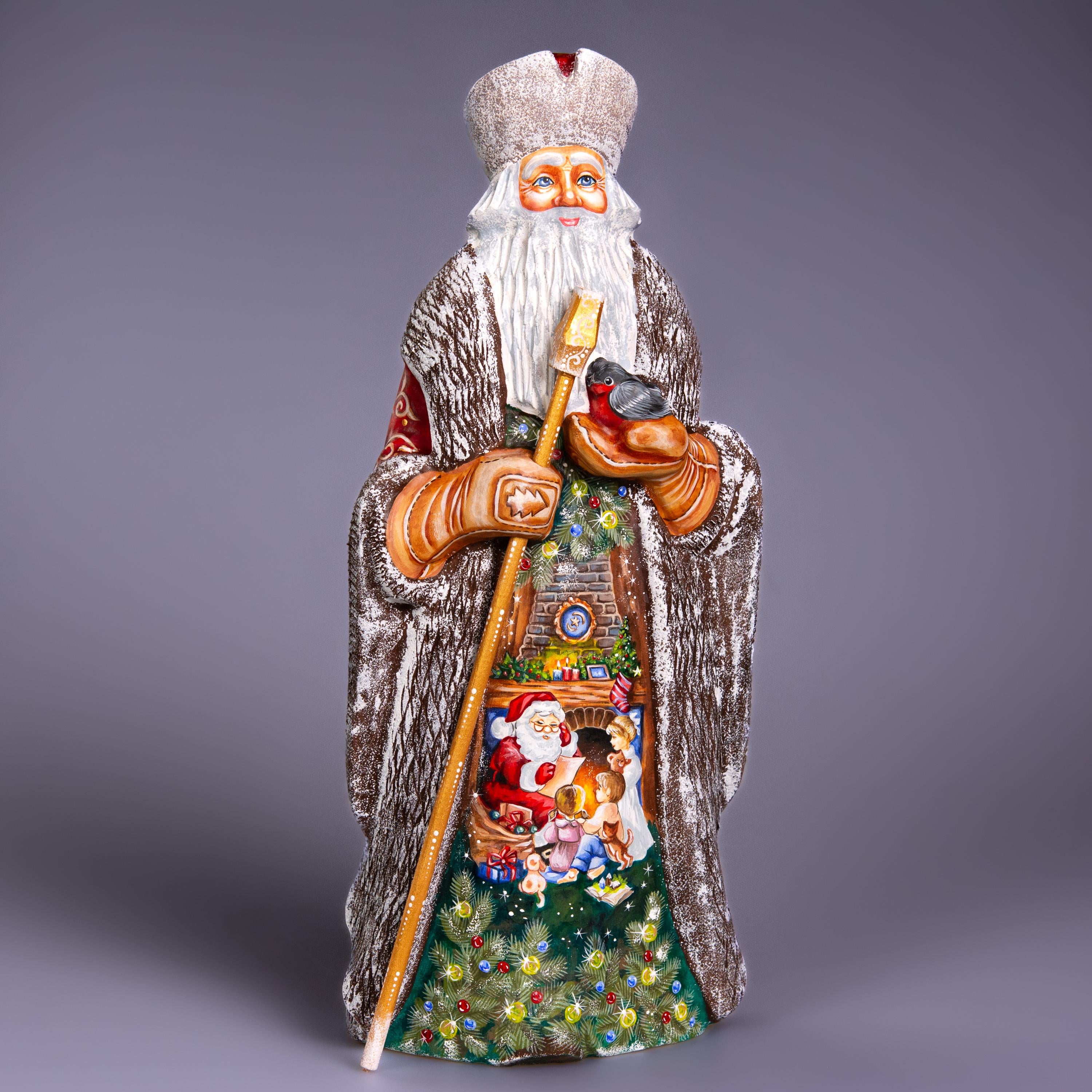 Hand carved wooden Santa statue 13 inch, fireplace scene collectible