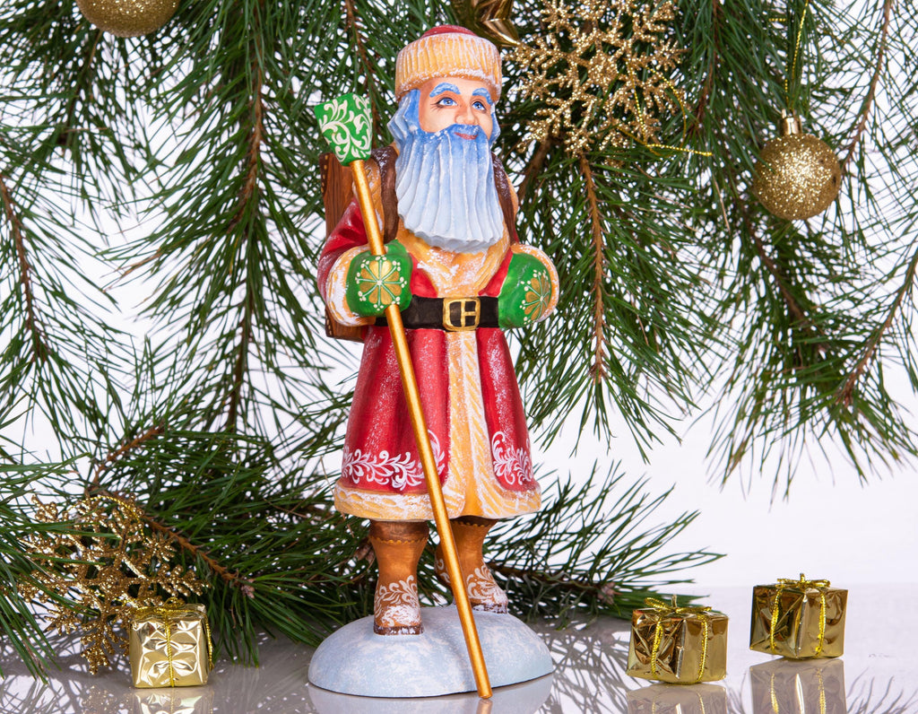 Hand carved wooden Santa figurine 11 inch, cuckoo clock bullfinch scene, Christmas home accent
