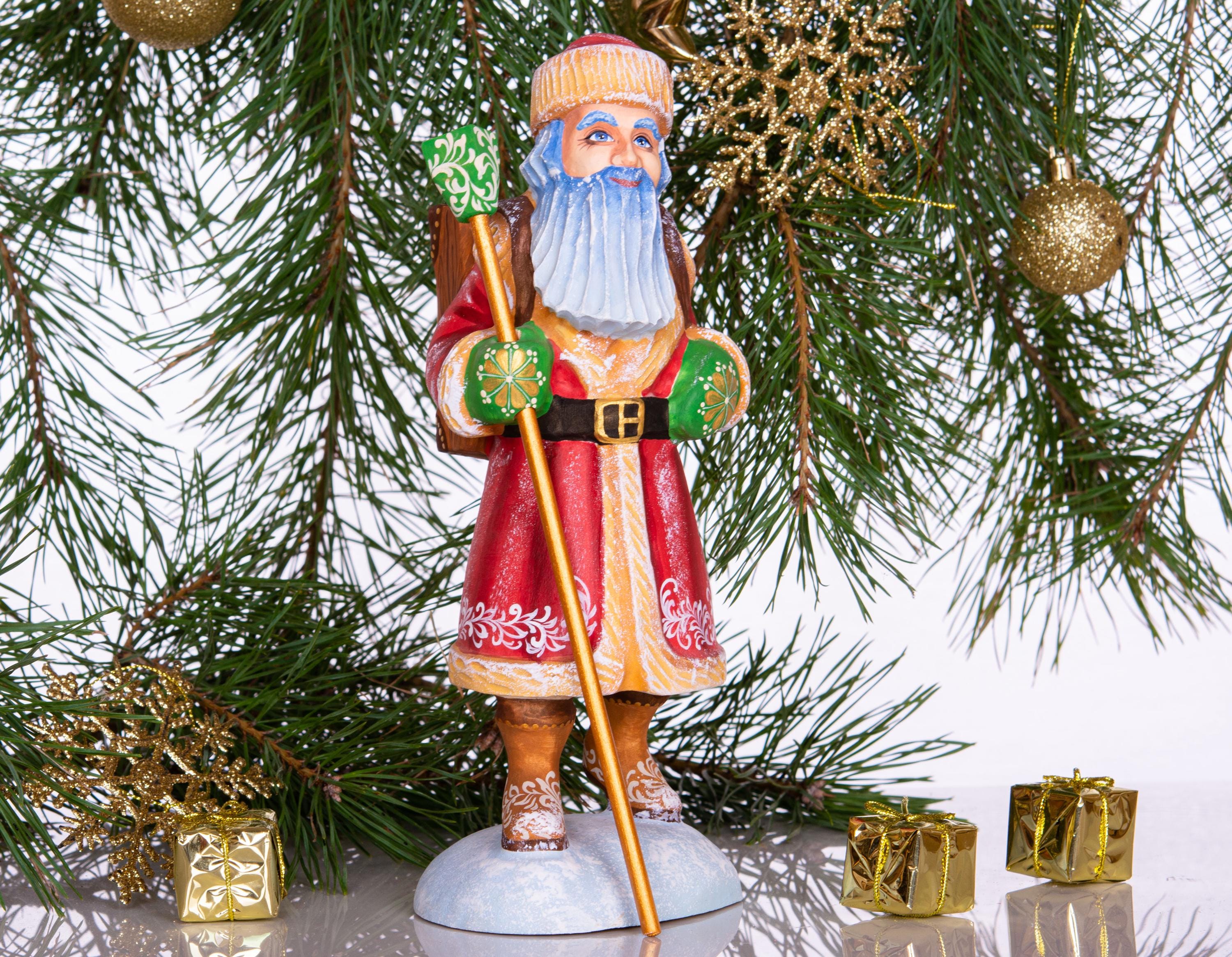 Hand carved wooden Santa figurine 11 inch, cuckoo clock bullfinch scene, Christmas home accent