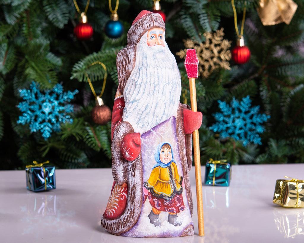 Hand carved Russian Santa figurine 8.7 inch, winter girl scene, Christmas mantel decor