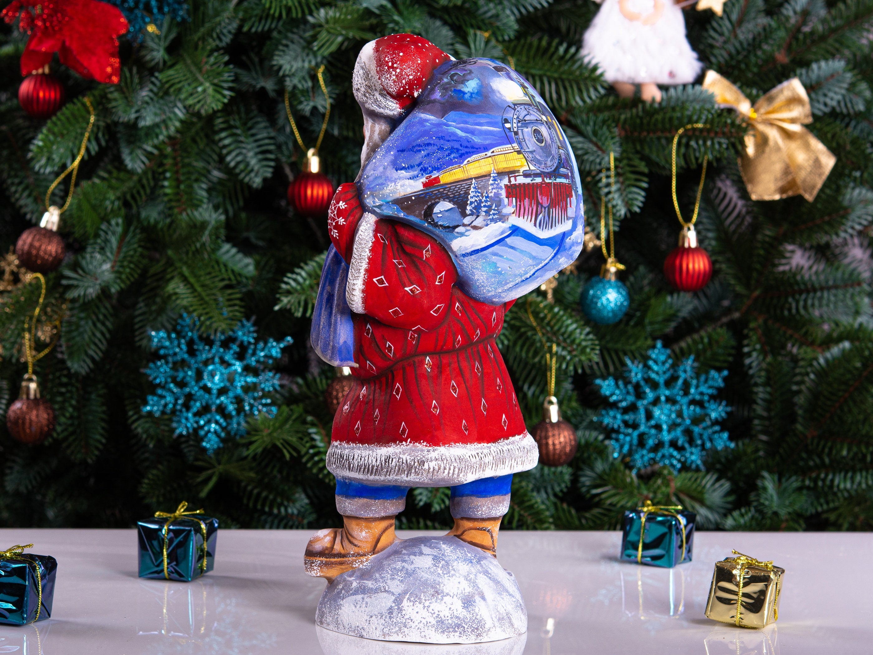 Hand carved Santa wooden figurine 11 inch, steam train scene