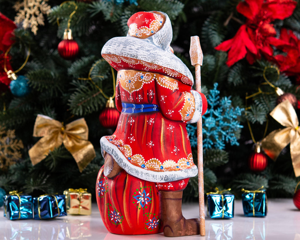 Hand carved Santa wooden figurine 9.5 inch, toy sack, mantel decor