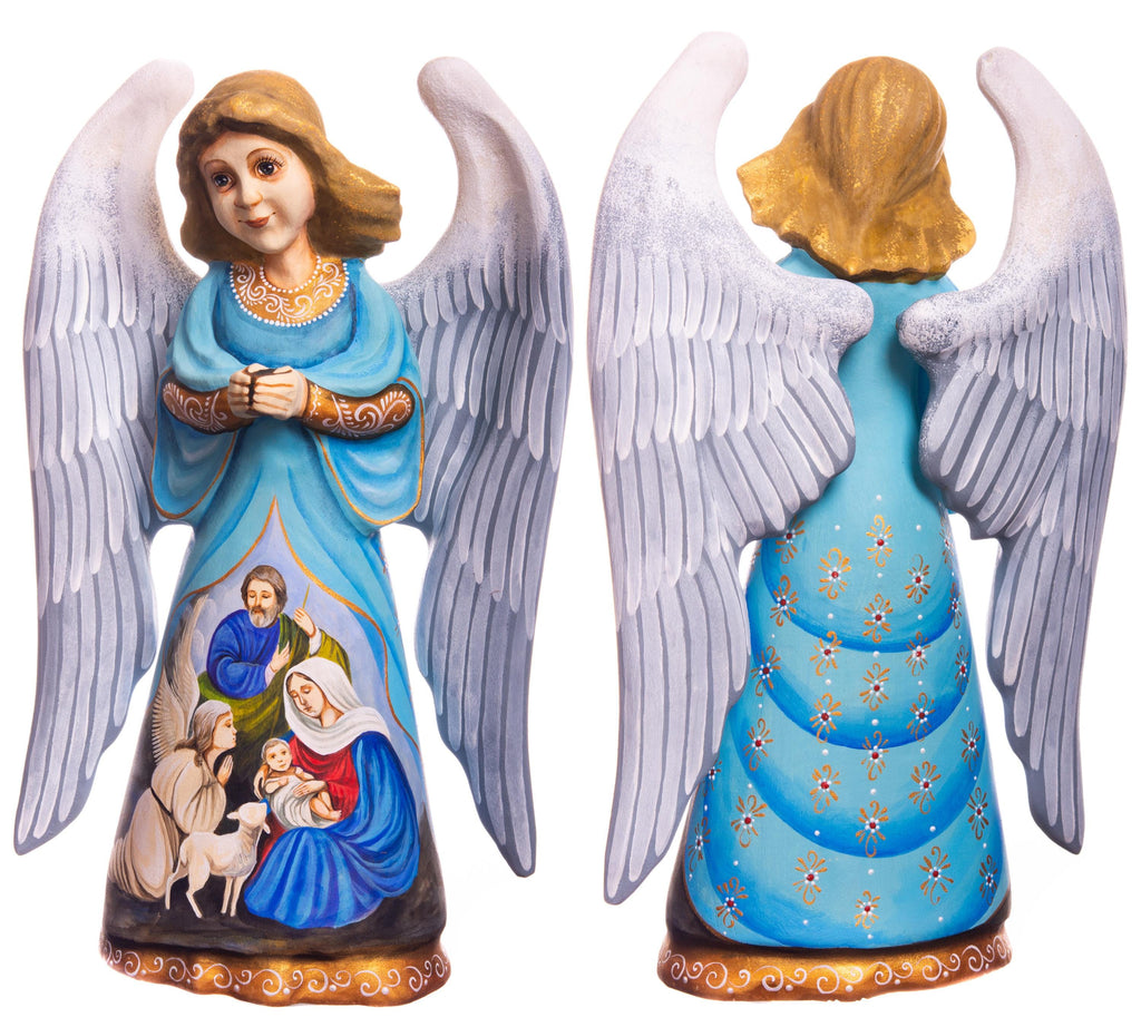 Hand carved angel figurine 9 inch, Holy Family Nativity Scene Mantel display