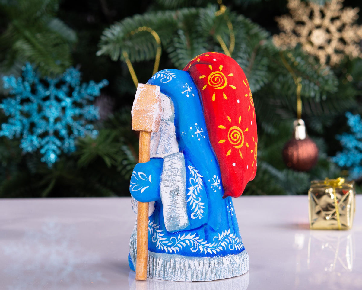 Hand Carved Wood Santa Figurine: Blue Coat Folk Art Collectible