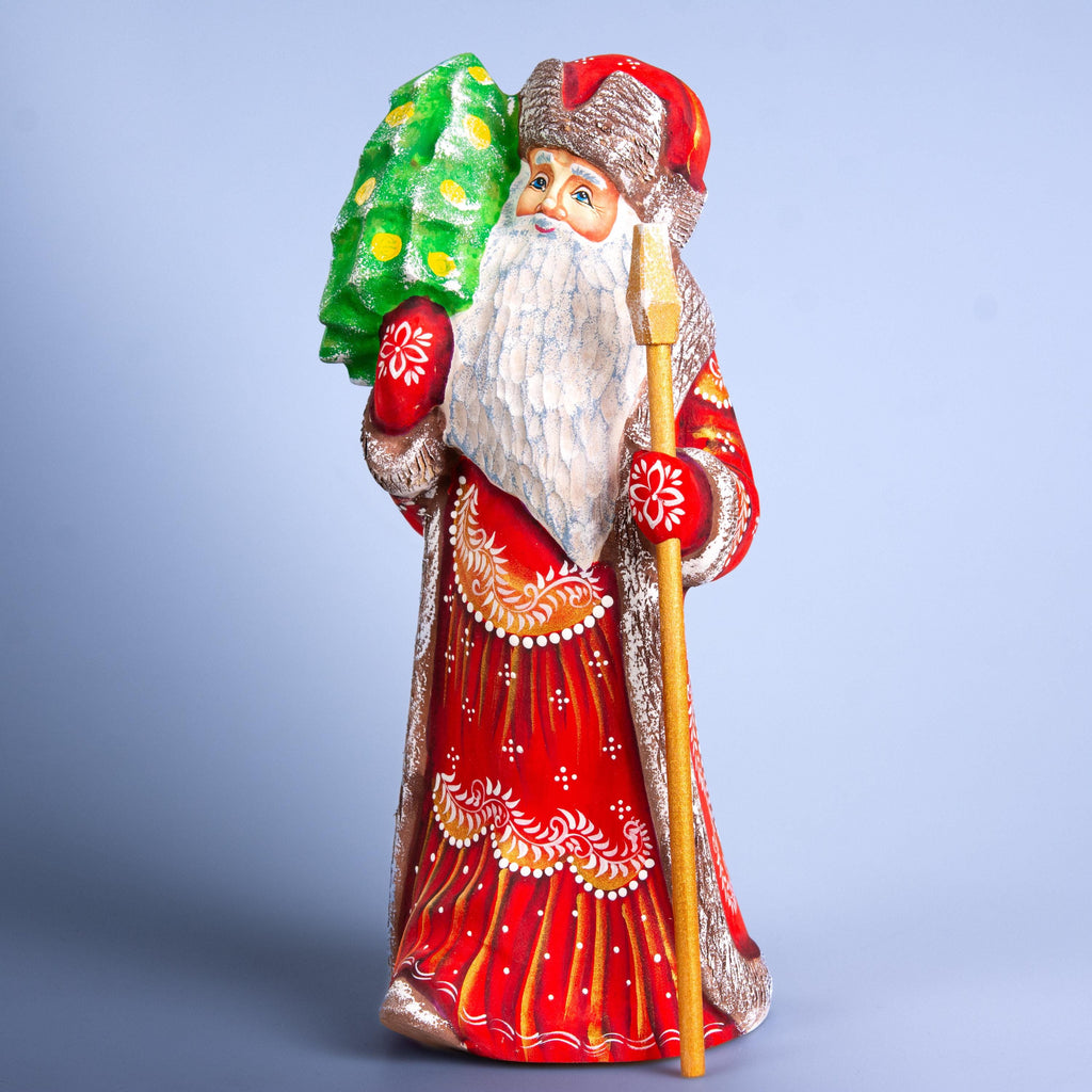 Hand Carved Santa Figurine: Red & Gold Robe, Wooden Christmas Mantel Decor