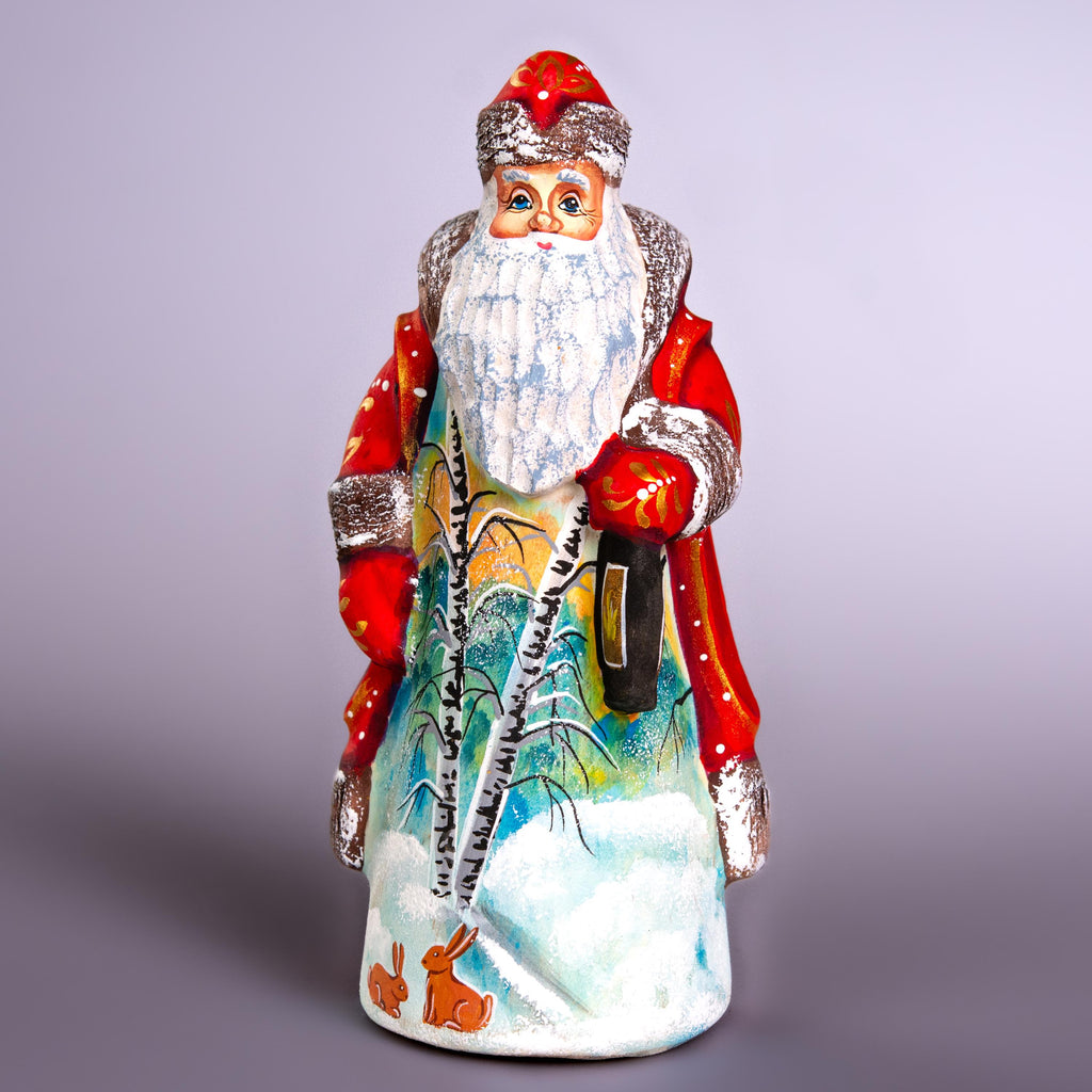 Hand carved Santa wooden figurine 7 inch with lantern, rabbits scene, mantel decor