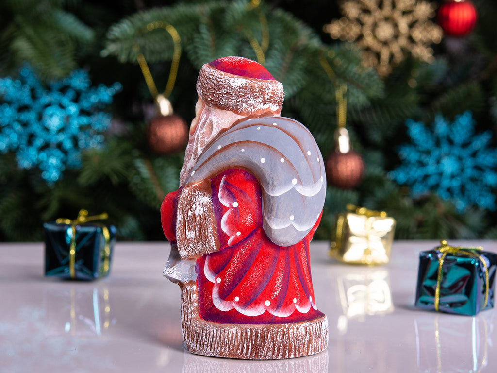 Small Santa Claus wooden figurine 5 inch, snowy forest painting, collectible holiday decor