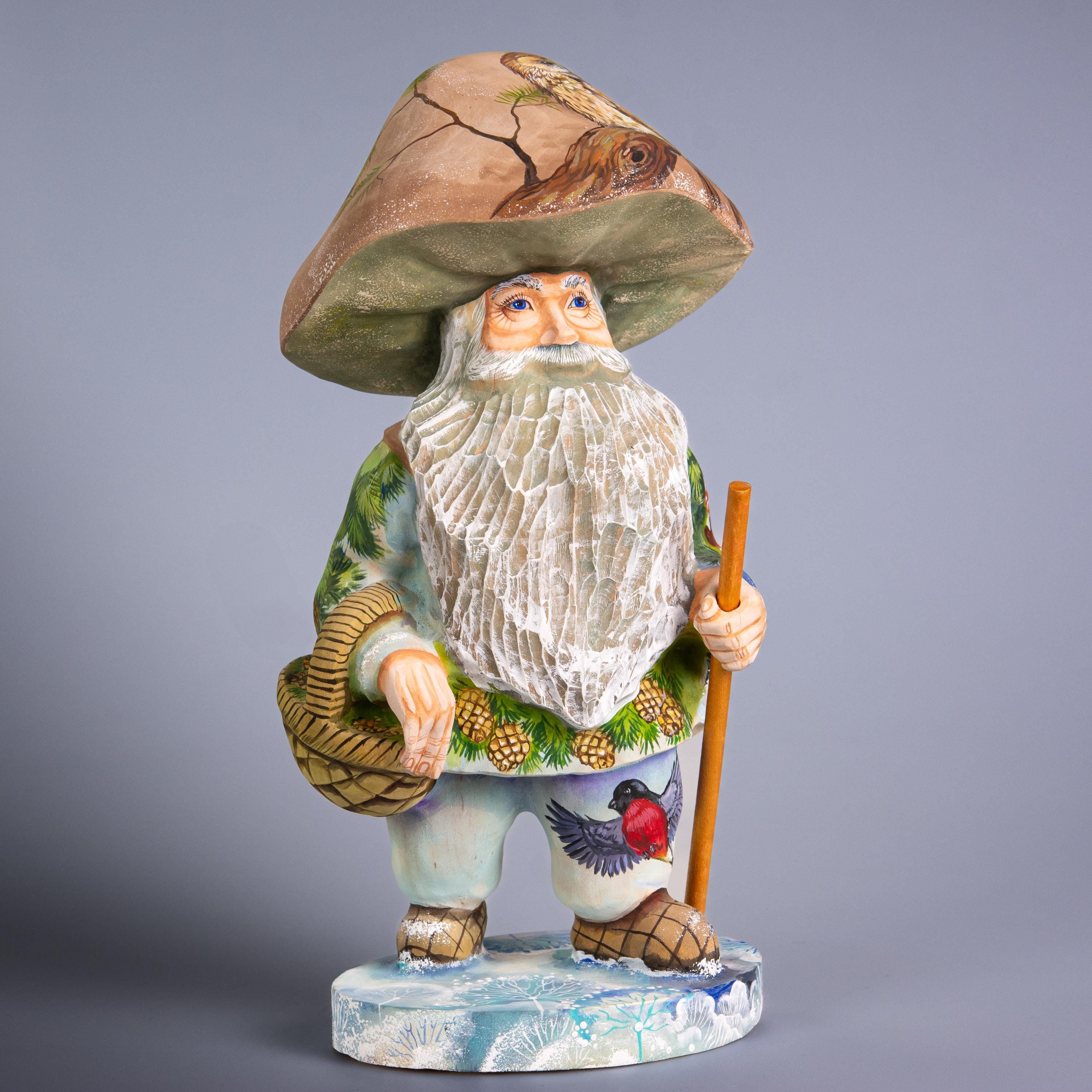 Hand Carved Wooden Mushroom Man Figurine 11 inch: Owl, Squirrel & Bullfinch